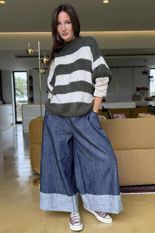  Big Softie Block Stripe Cap Sleeve Knit Top Khaki /15=